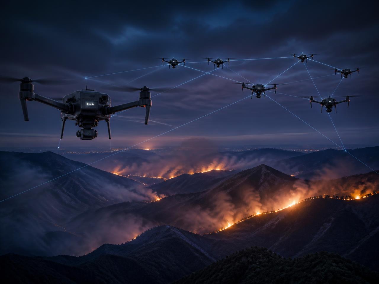Coordinated autonomous drones connected by network links above a wildfire landscape