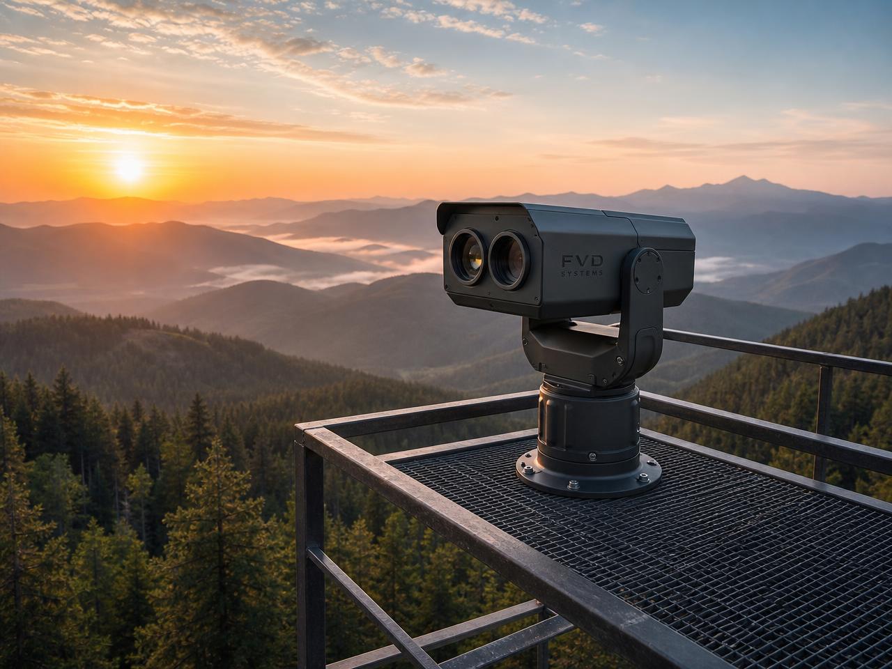 Compact FVD Vision detection camera mounted on a mast above a forest at golden hour