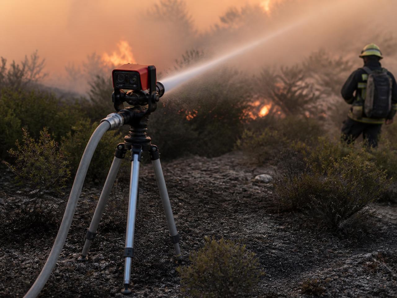 Transportable autonomous suppression unit on a heavy tripod projecting water toward a fire line